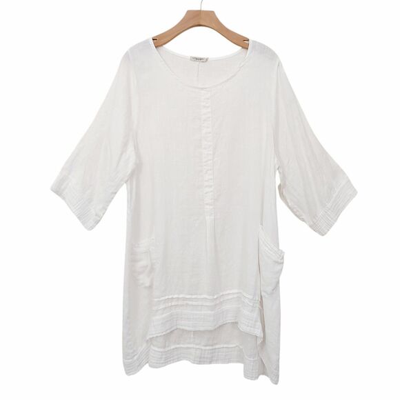 Lungo Larno Dress Womens 1X White Linen Long Sleeve Relaxed Fit Italy Beach - Picture 1 of 12